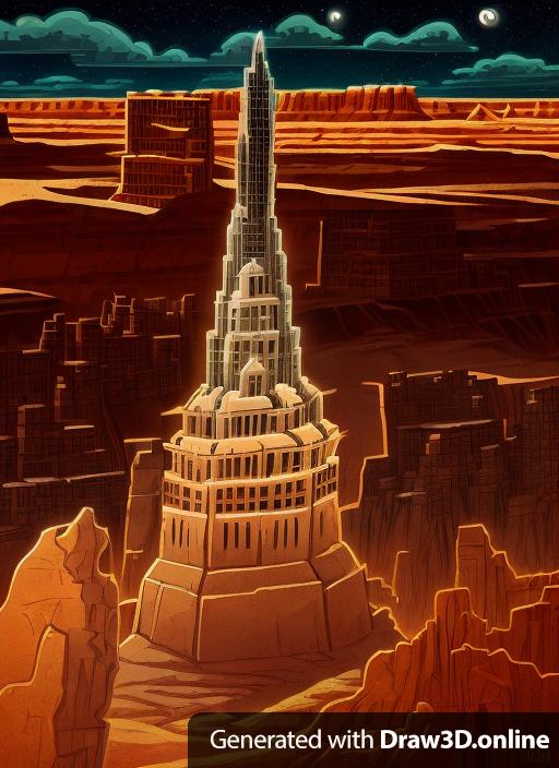 This art deco skyscraper standing alone deep in the desolate badlands of the black hills of South Dakota. Landscape fantasy art in a dark comic style. No words. Top floors of buildings should make color of lower floors. No other buildings just black hills in background.