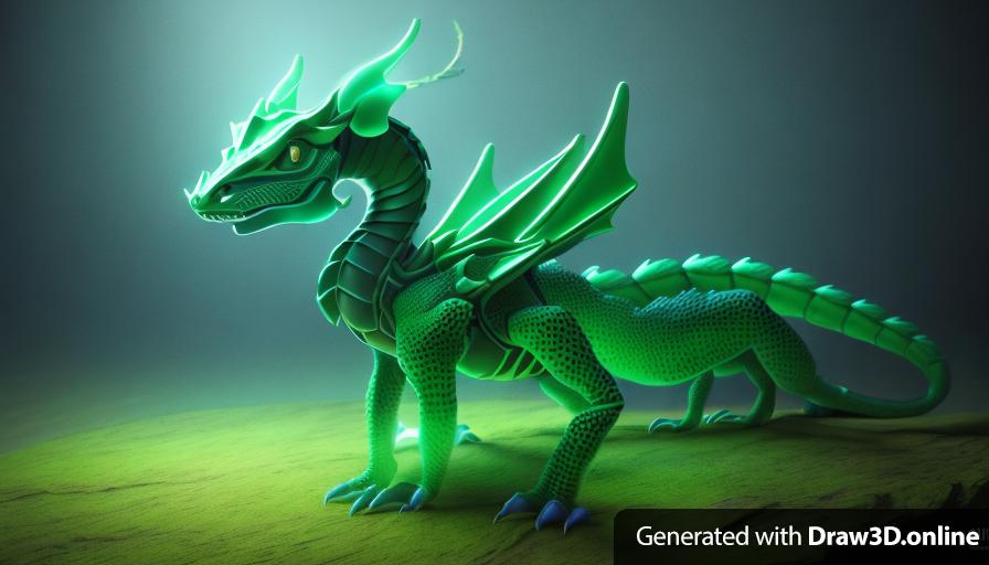 A highly detailed 3d model of a fantastical scorpion-tailed dragon, rendered in a stylized cartoon/fantasy style, featuring green and blue scales; the lighting and background are neutral, creating a studio-quality image.